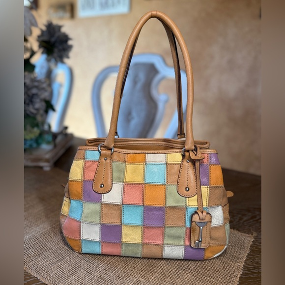 Fossil Multi Colored Patchwork Leather and Suede Handbag Vintage - Picture 2 of 13